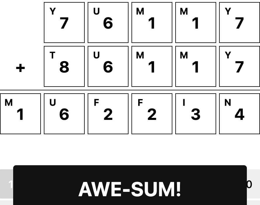 puzzle showing YUMMY + TUMMY = MUFFIN with all the Ms represented as 1, F as 2 and I as 3, U as 6. The Ys 7. N is 4. T is 8.