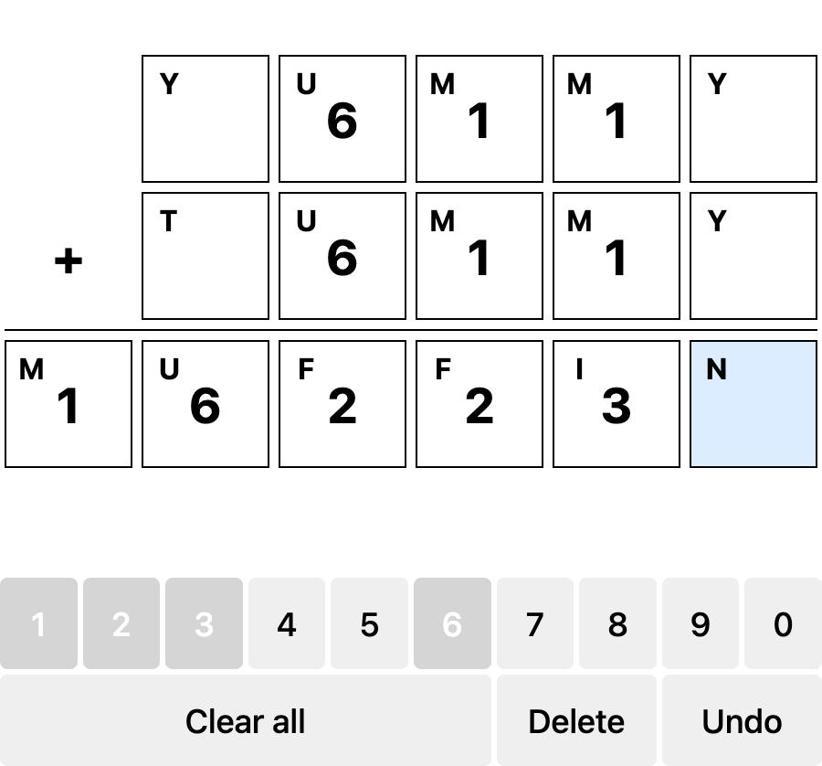 puzzle showing YUMMY + TUMMY = MUFFIN with all the Ms represented as 1, F as 2 and I as 3, U as 6. The N is highlighted blue. A keyboard is shown below.